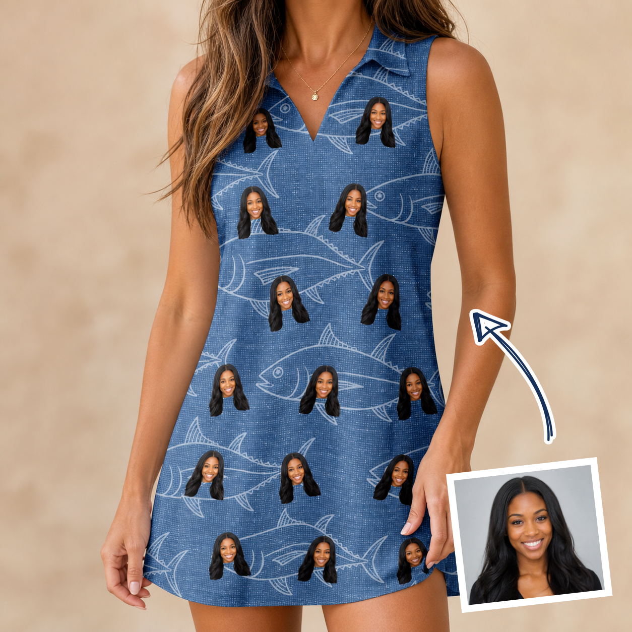 Woman wearing Women's Finny Business Custom Face V-Neck Dress — custom faces printed all-over