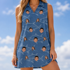 Model wearing Women's Finny Business Custom Face V-Neck Dress printed with kids' faces