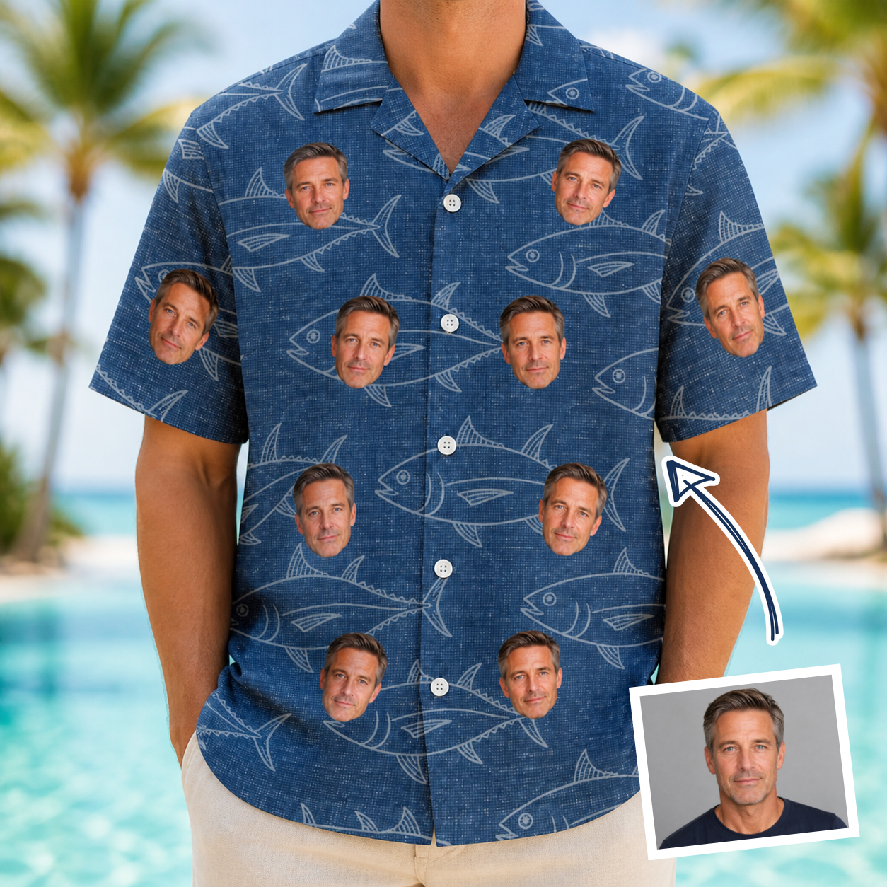 Man wearing Men's Finny Business Custom Face Hawaiian Shirt — custom faces printed all-over