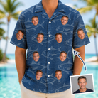 Man wearing Men's Finny Business Custom Face Hawaiian Shirt — custom faces printed all-over