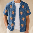 Man wearing Men's Finny Business Custom Face Hawaiian Shirt open over a white tee