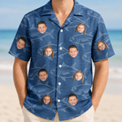 Model wearing Men's Finny Business Custom Face Hawaiian Shirt printed with kids' faces