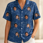 Model wearing Women's Finny Business Custom Face Hawaiian Shirt printed with kids' faces