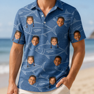 Model wearing Men's Finny Business Custom Face Polo Shirt printed with kids' faces