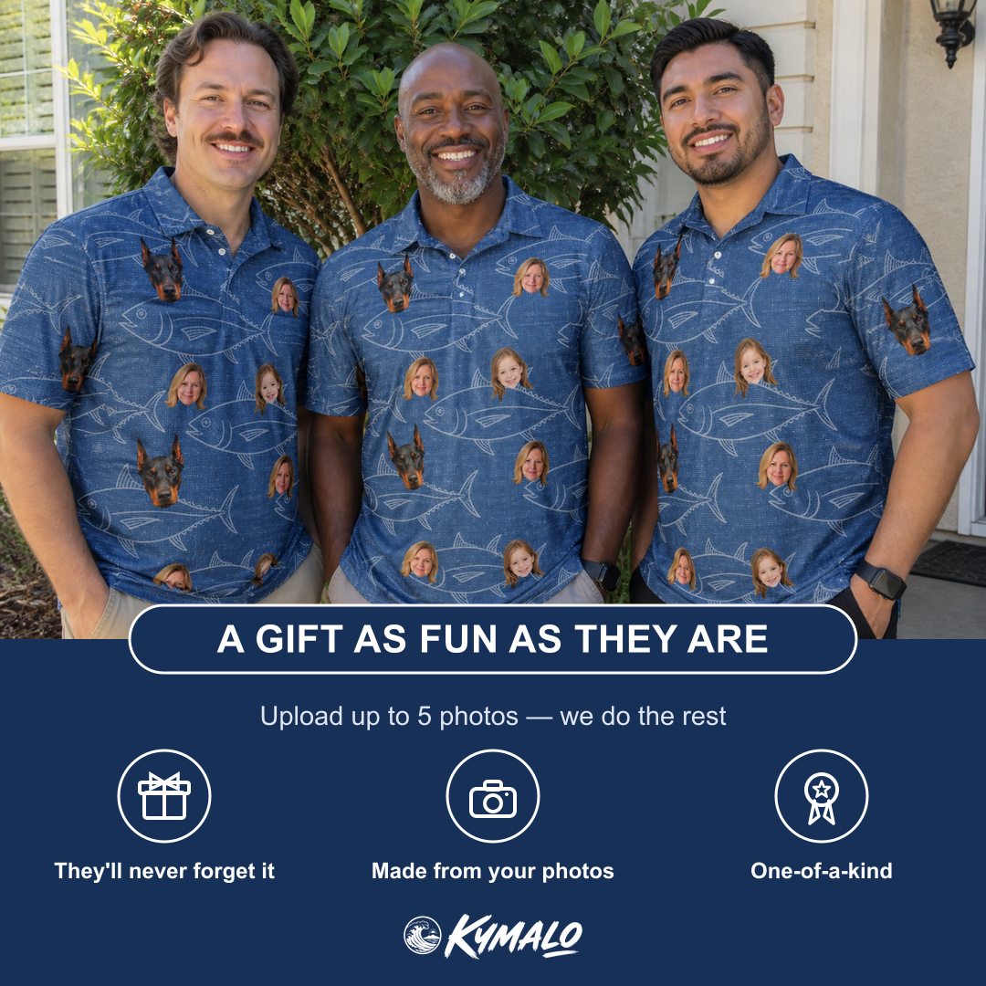 Friends in matching Men's Finny Business Custom Face Polo Shirt — a group gift photo