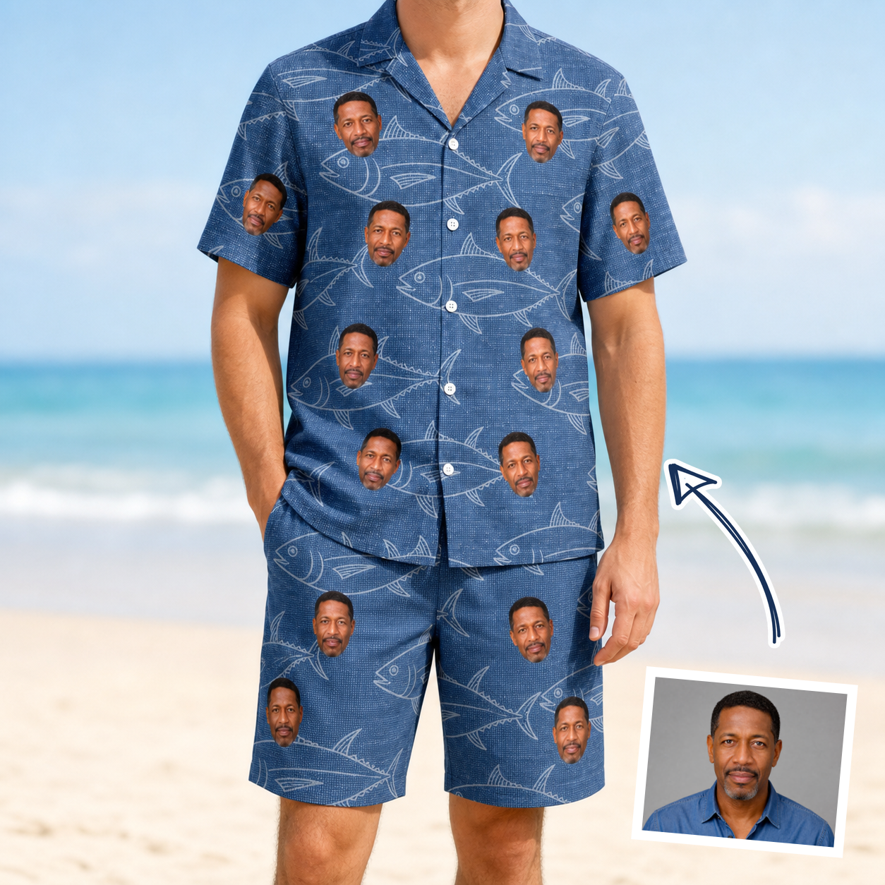 Man wearing Men's Finny Business Custom Face Shirt & Shorts Set — custom faces printed all-over