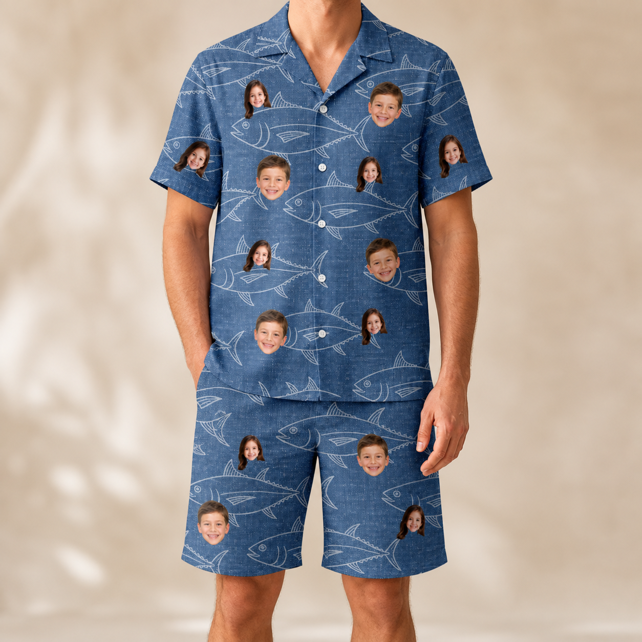 Model wearing Men's Finny Business Custom Face Shirt & Shorts Set printed with kids' faces