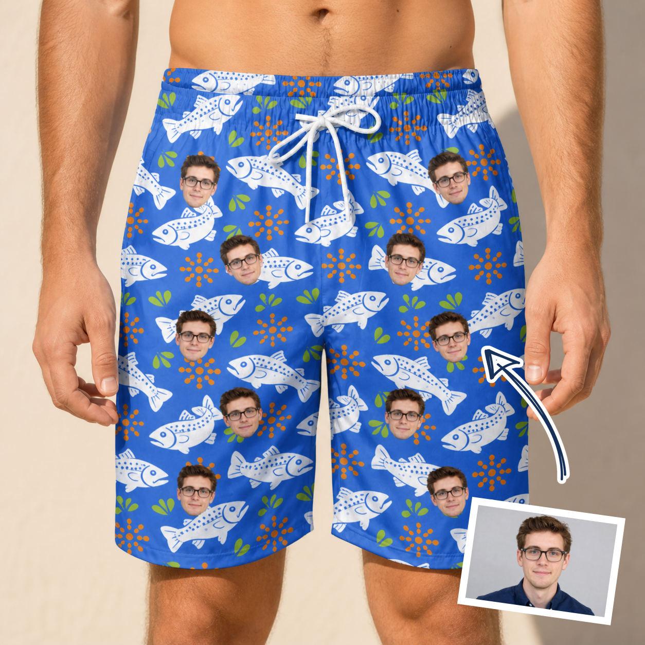 Man wearing Men's River Rascals Custom Face Beach Shorts — custom faces printed all-over