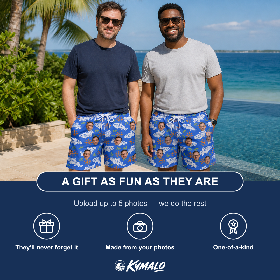 Friends in matching Men's River Rascals Custom Face Beach Shorts — a group gift photo