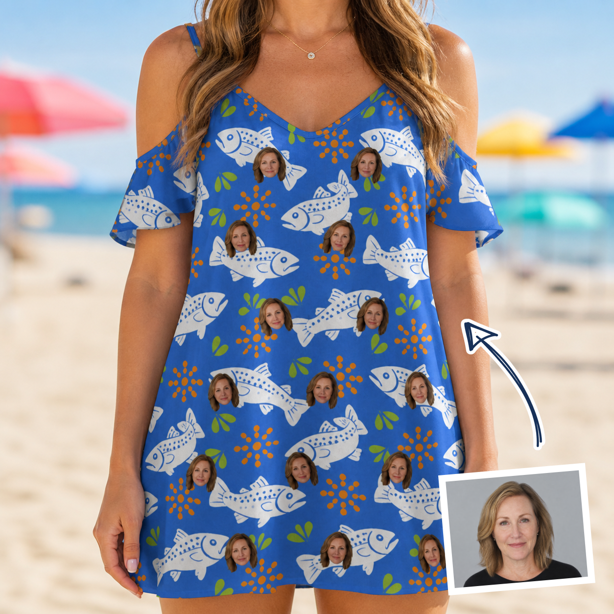 Woman wearing Women's River Rascals Custom Face Off-Shoulder Dress — custom faces printed all-over