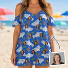 Woman wearing Women's River Rascals Custom Face Off-Shoulder Dress — custom faces printed all-over
