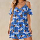 Model wearing Women's River Rascals Custom Face Off-Shoulder Dress printed with kids' faces