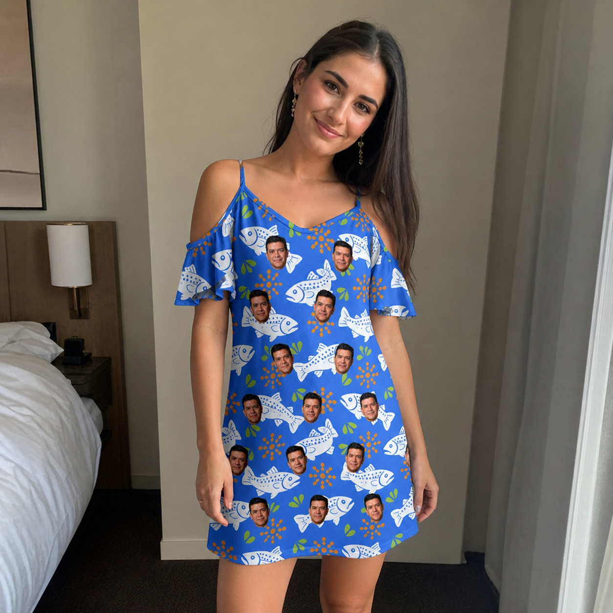 Real-life photo of someone wearing Women's River Rascals Custom Face Off-Shoulder Dress — custom faces printed all-over