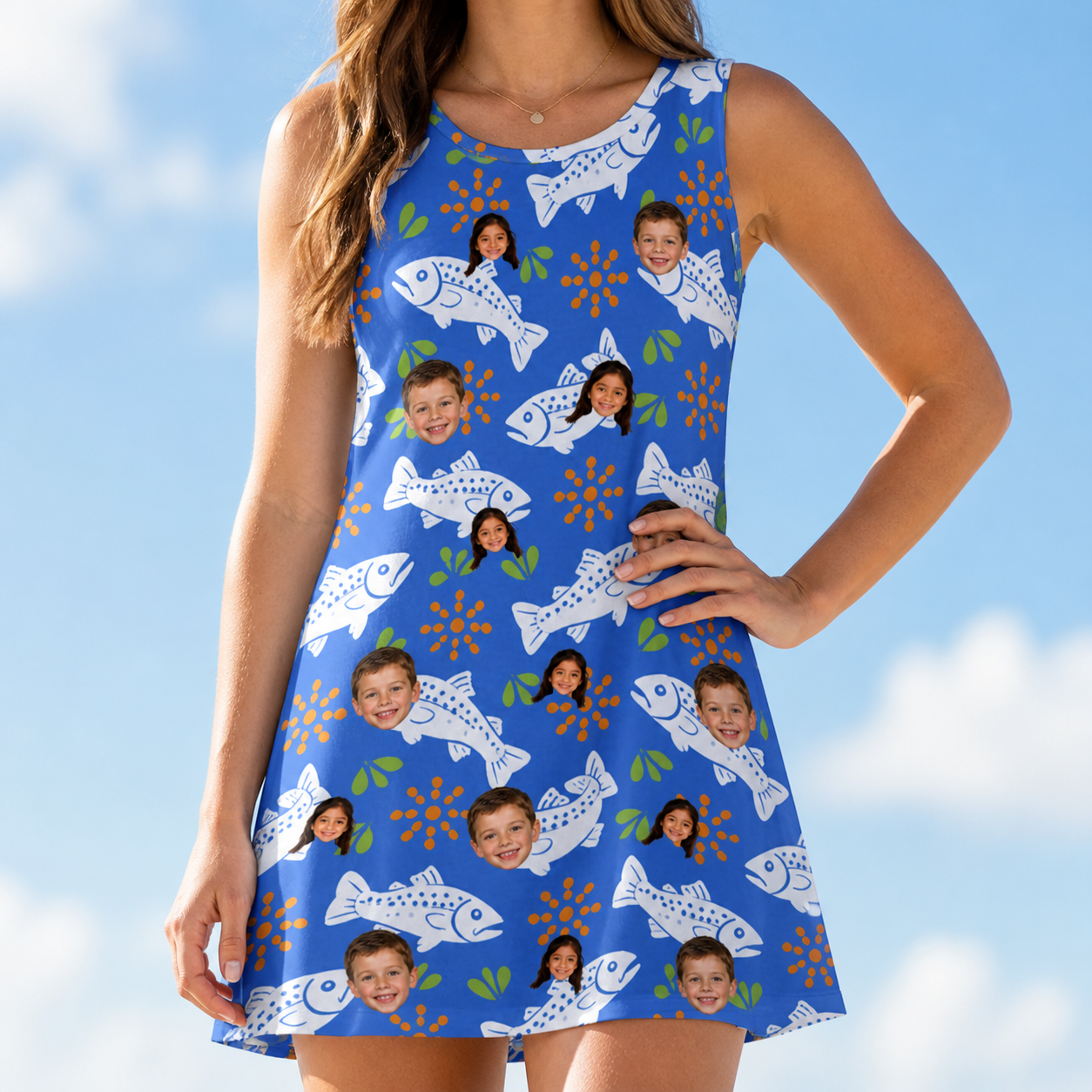 Model wearing Women's River Rascals Custom Face Tank Dress printed with kids' faces