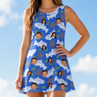 Model wearing Women's River Rascals Custom Face Tank Dress printed with kids' faces