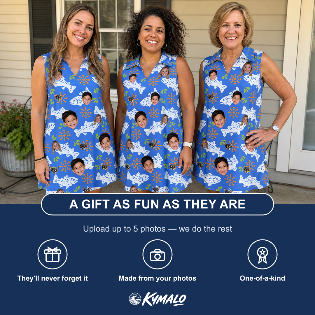 Friends in matching Women's River Rascals Custom Face V-Neck Dress — a group gift photo