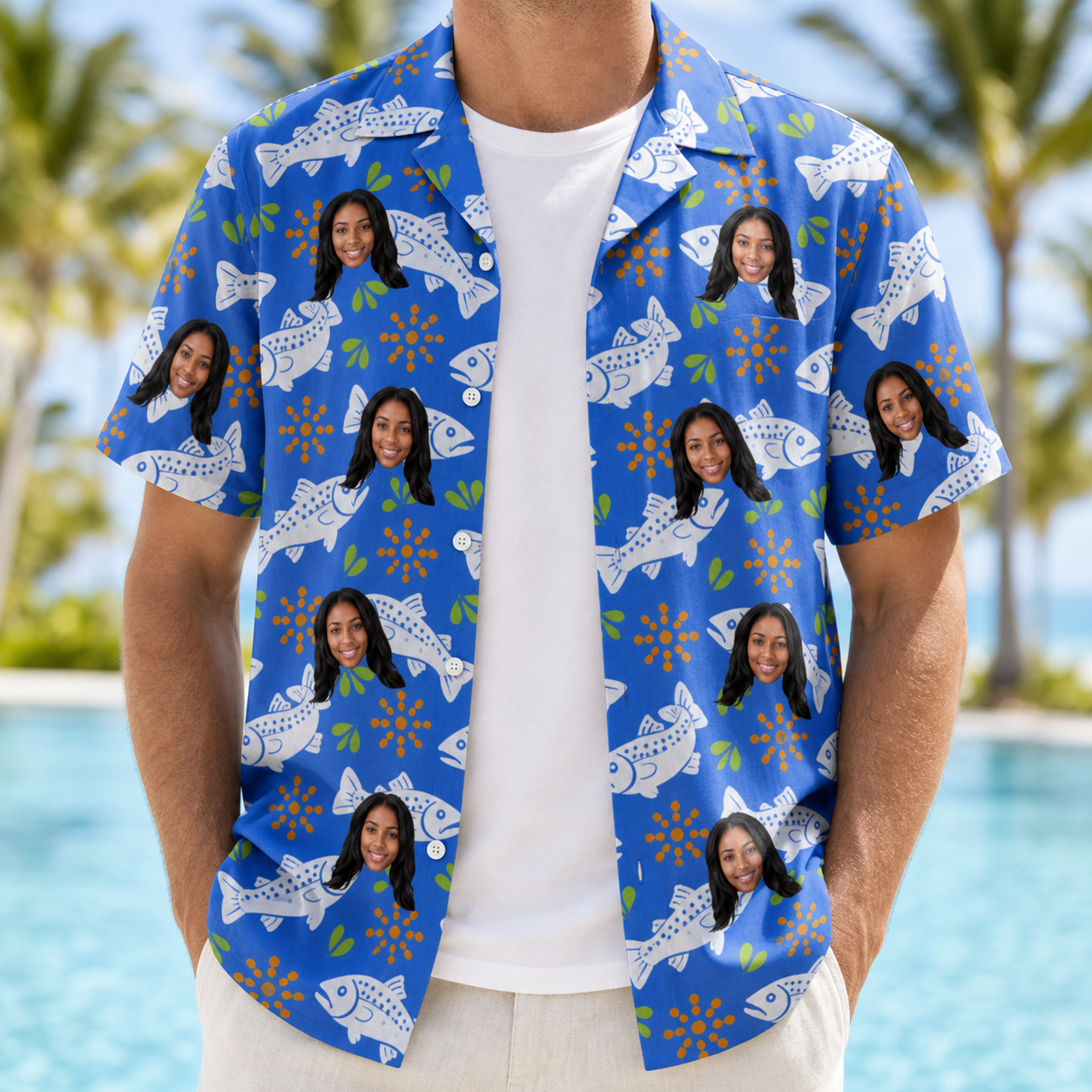 Man wearing Men's River Rascals Custom Face Hawaiian Shirt open over a white tee