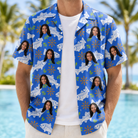 Man wearing Men's River Rascals Custom Face Hawaiian Shirt open over a white tee