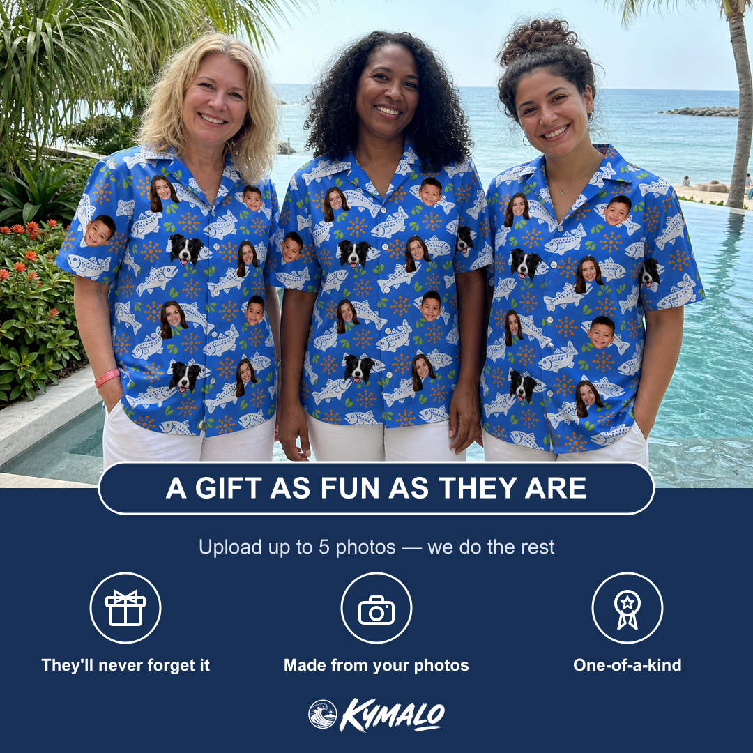 Friends in matching Women's River Rascals Custom Face Hawaiian Shirt — a group gift photo