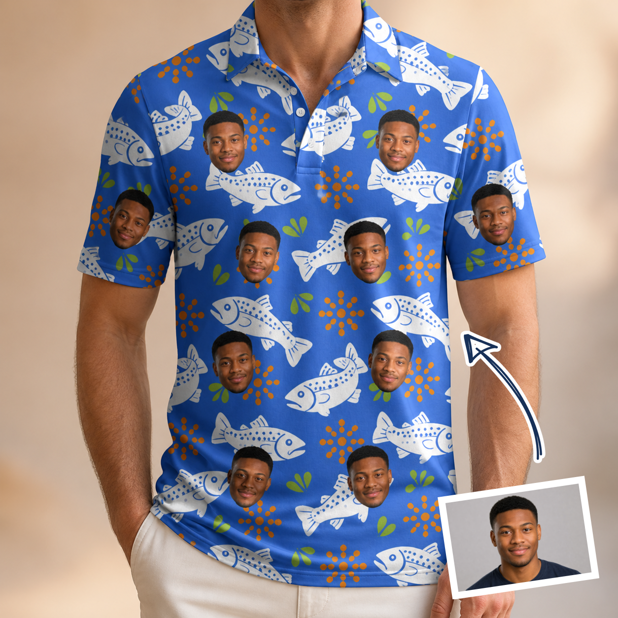 Man wearing Men's River Rascals Custom Face Polo Shirt — custom faces printed all-over