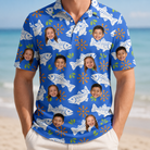 Model wearing Men's River Rascals Custom Face Polo Shirt printed with kids' faces