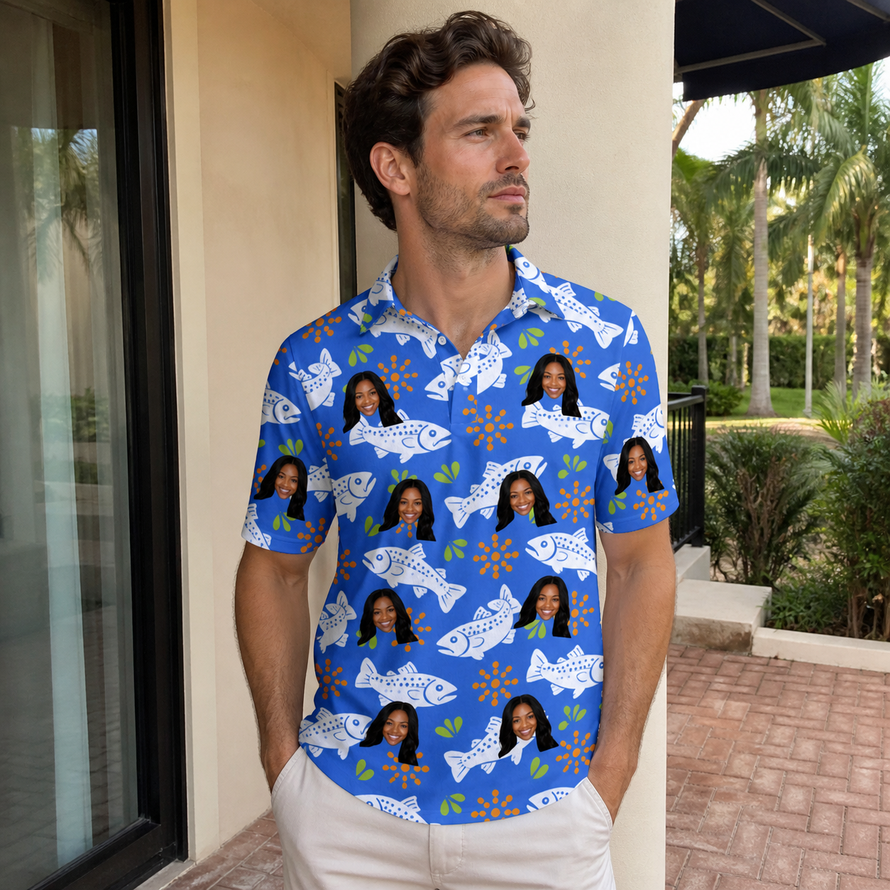 Real-life photo of someone wearing Men's River Rascals Custom Face Polo Shirt — custom faces printed all-over