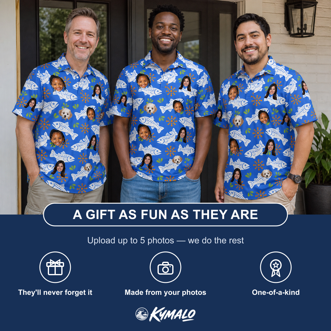 Friends in matching Men's River Rascals Custom Face Polo Shirt — a group gift photo