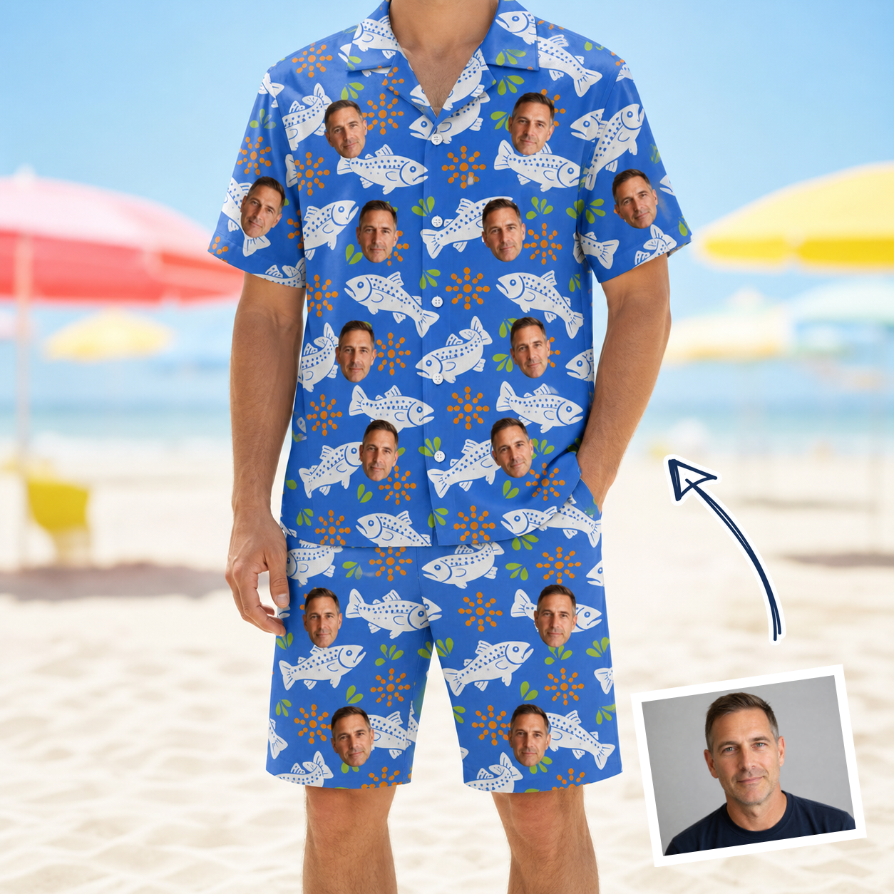 Man wearing Men's River Rascals Custom Face Shirt & Shorts Set — custom faces printed all-over