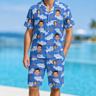 Model wearing Men's River Rascals Custom Face Shirt & Shorts Set printed with kids' faces