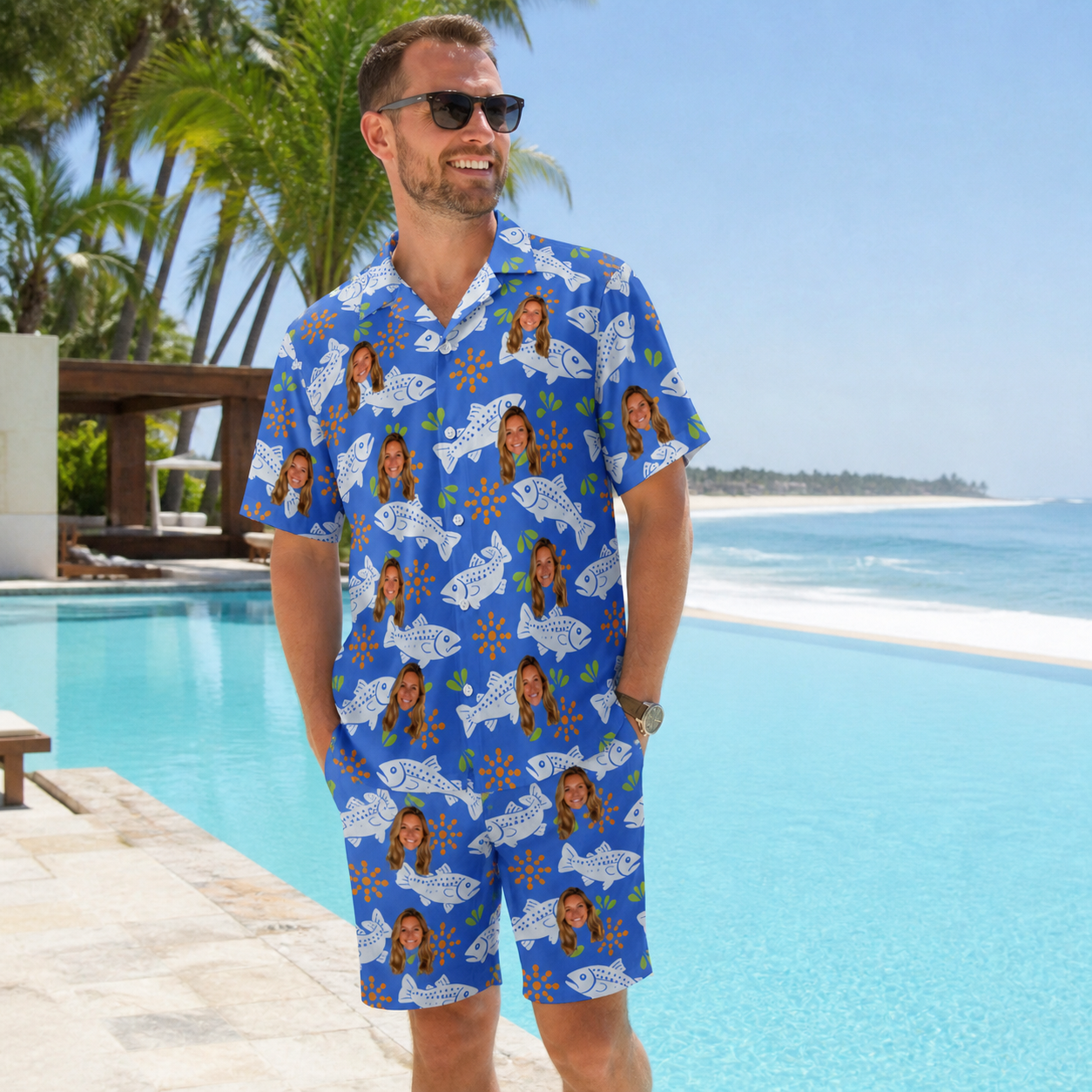 Real-life photo of someone wearing Men's River Rascals Custom Face Shirt & Shorts Set — custom faces printed all-over