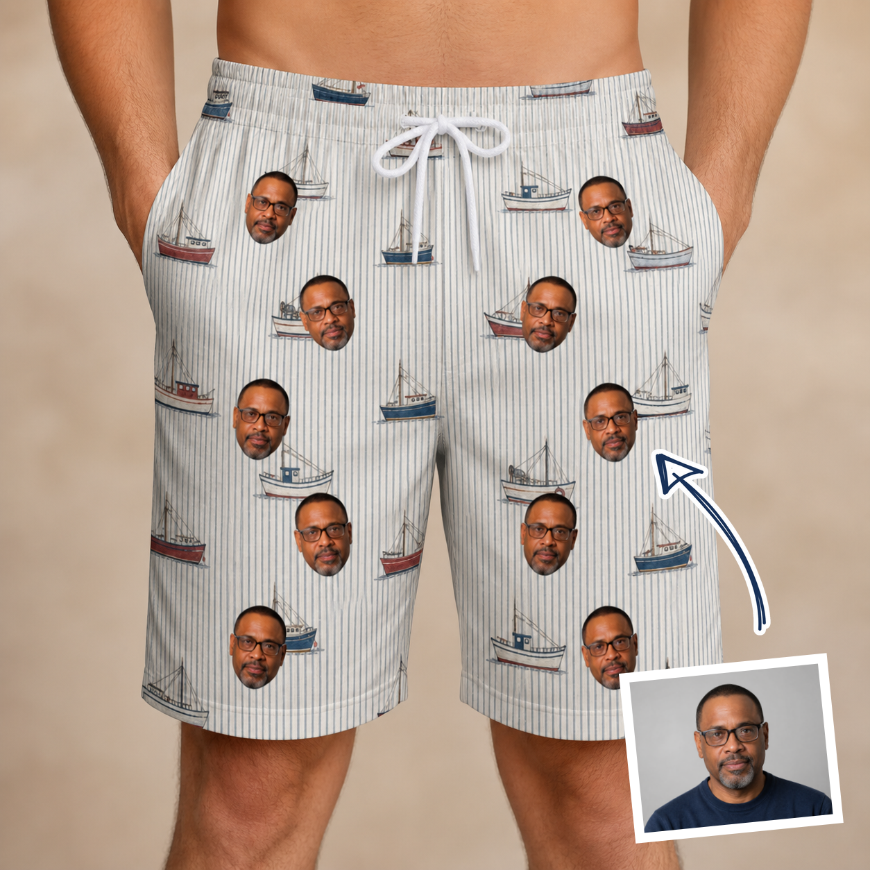 Man wearing Men's Sardine Skippers Custom Face Beach Shorts — custom faces printed all-over