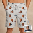 Man wearing Men's Sardine Skippers Custom Face Beach Shorts — custom faces printed all-over