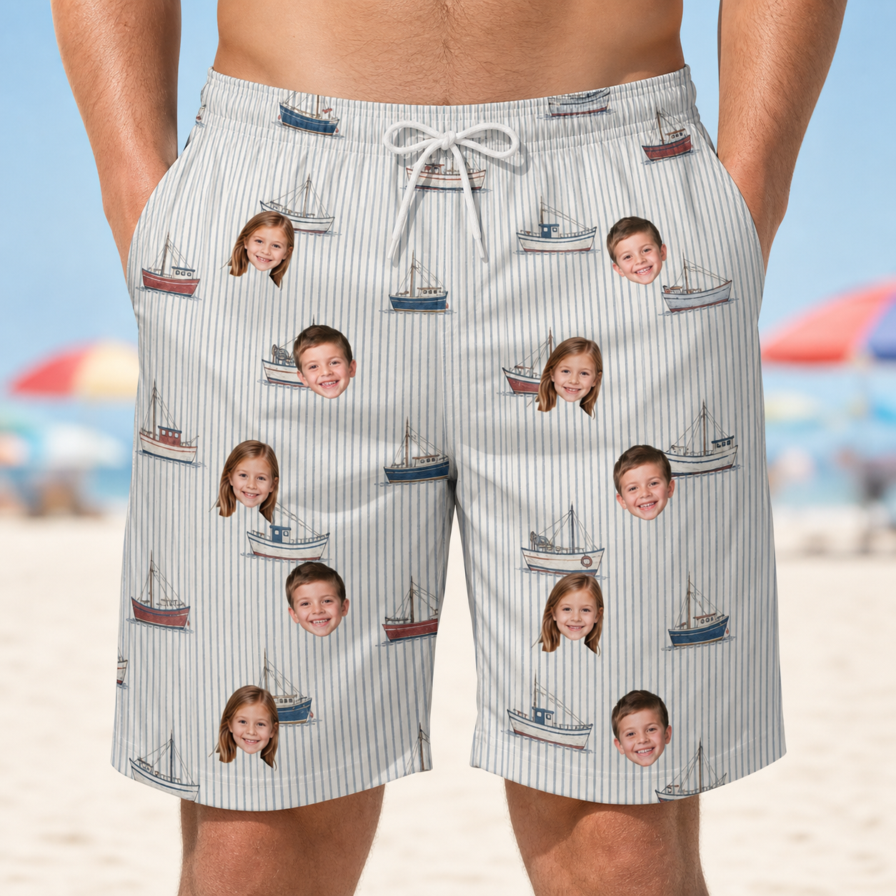 Model wearing Men's Sardine Skippers Custom Face Beach Shorts printed with kids' faces