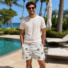 Real-life photo of someone wearing Men's Sardine Skippers Custom Face Beach Shorts — custom faces printed all-over