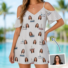 Woman wearing Women's Sardine Skippers Custom Face Off-Shoulder Dress — custom faces printed all-over