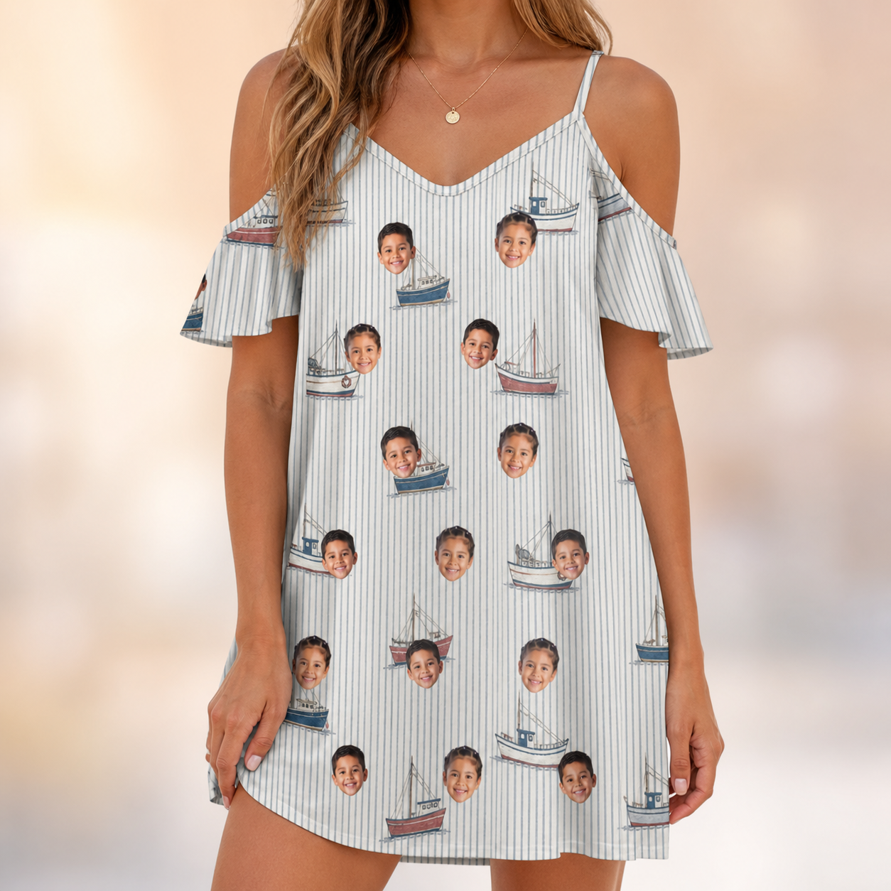Model wearing Women's Sardine Skippers Custom Face Off-Shoulder Dress printed with kids' faces