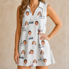 Model wearing Women's Sardine Skippers Custom Face V-Neck Dress printed with kids' faces