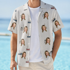 Man wearing Men's Sardine Skippers Custom Face Hawaiian Shirt open over a white tee