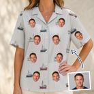 Woman wearing Women's Sardine Skippers Custom Face Hawaiian Shirt — custom faces printed all-over
