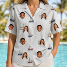 Model wearing Women's Sardine Skippers Custom Face Hawaiian Shirt printed with kids' faces