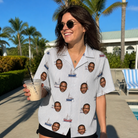 Real-life photo of someone wearing Women's Sardine Skippers Custom Face Hawaiian Shirt — custom faces printed all-over