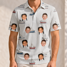 Model wearing Men's Sardine Skippers Custom Face Polo Shirt printed with kids' faces