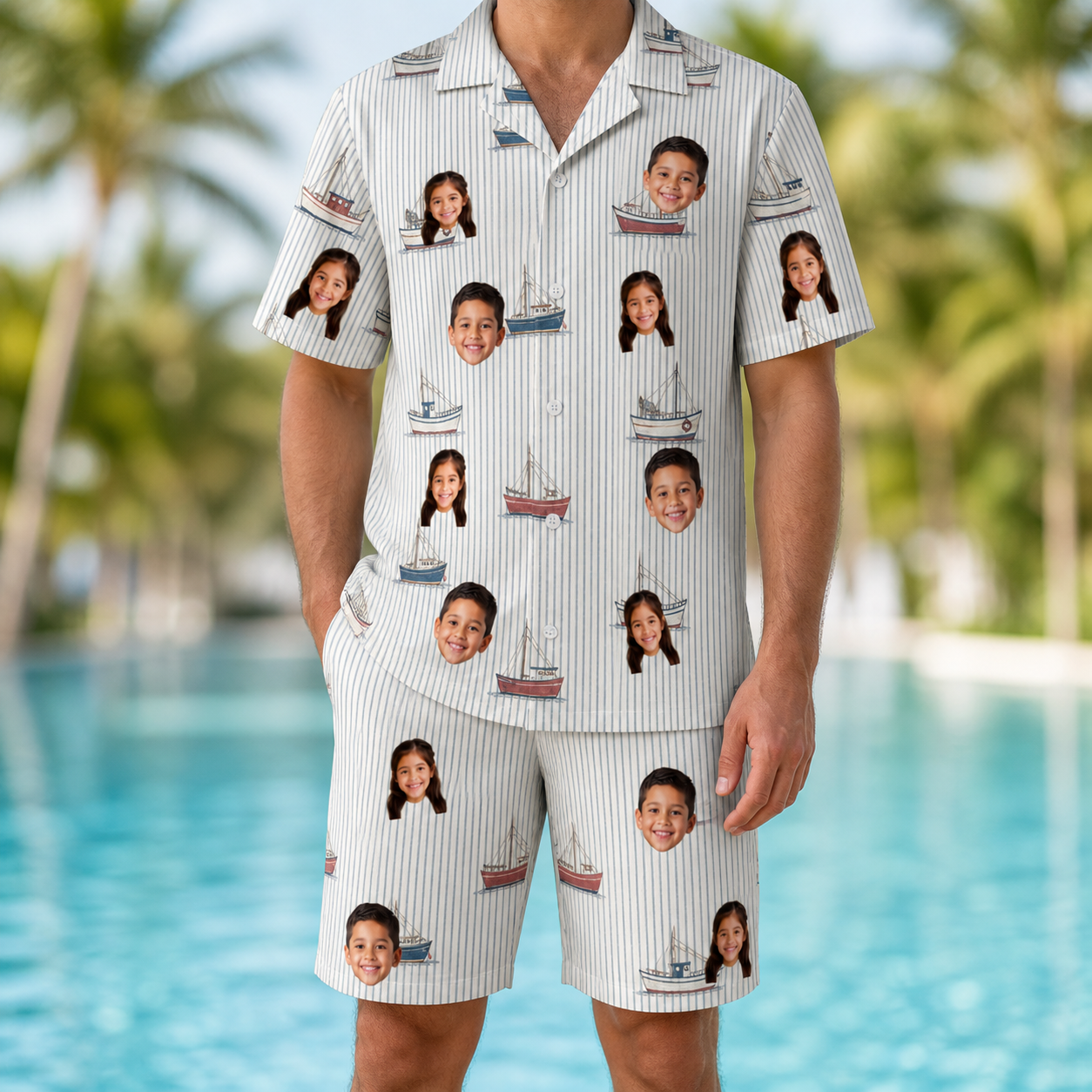 Model wearing Men's Sardine Skippers Custom Face Shirt & Shorts Set printed with kids' faces