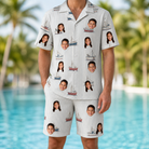 Model wearing Men's Sardine Skippers Custom Face Shirt & Shorts Set printed with kids' faces