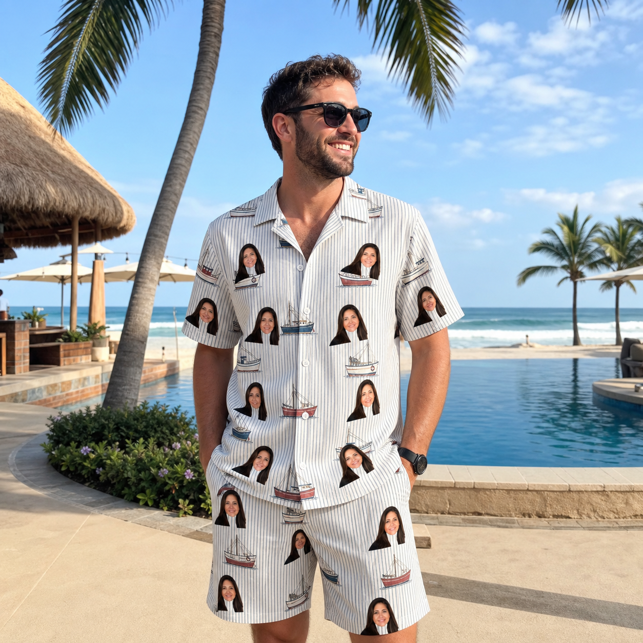Real-life photo of someone wearing Men's Sardine Skippers Custom Face Shirt & Shorts Set — custom faces printed all-over