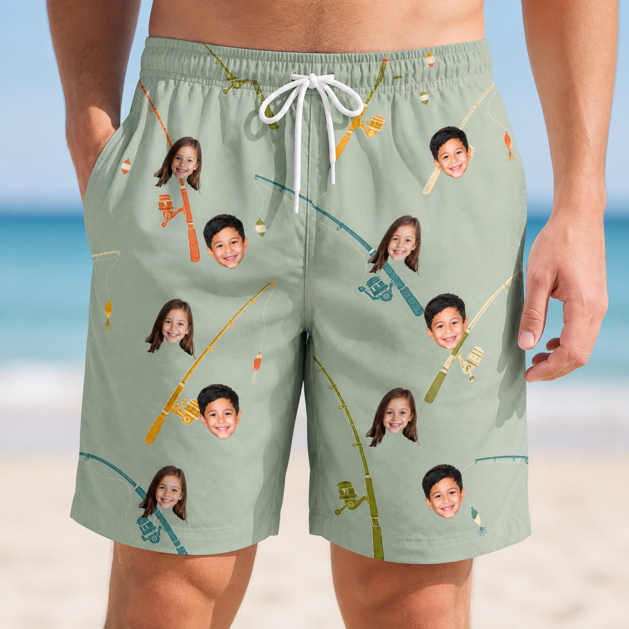 Model wearing Men's Pole Position Custom Face Beach Shorts printed with kids' faces