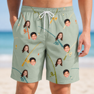 Model wearing Men's Pole Position Custom Face Beach Shorts printed with kids' faces