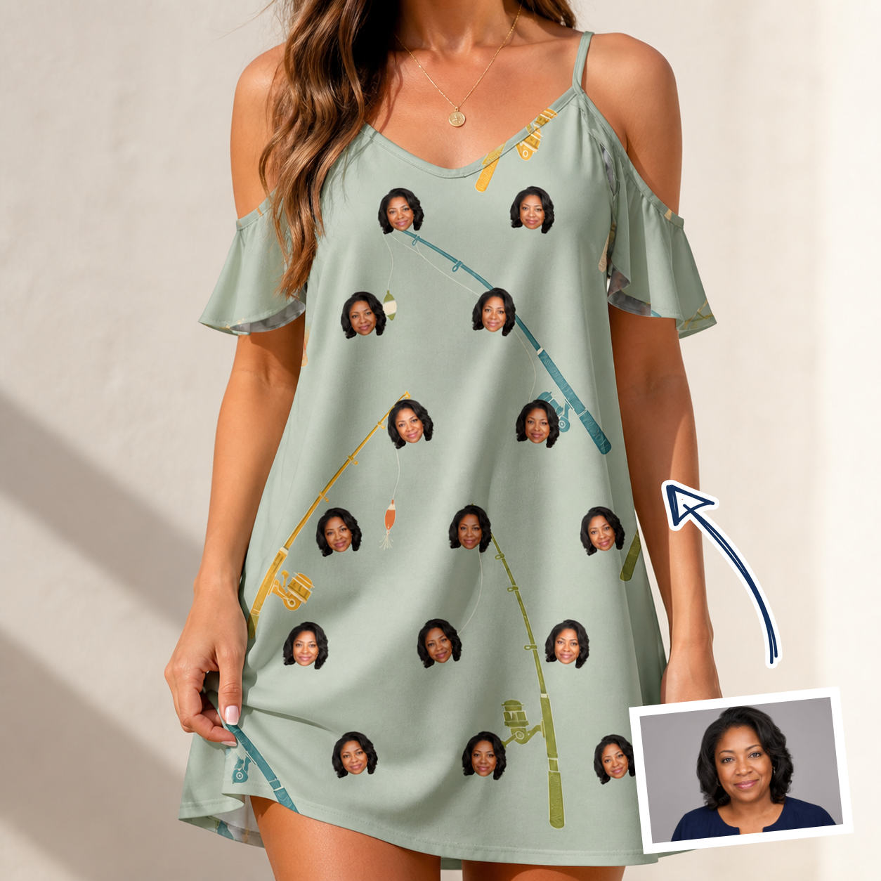Woman wearing Women's Pole Position Custom Face Off-Shoulder Dress — custom faces printed all-over