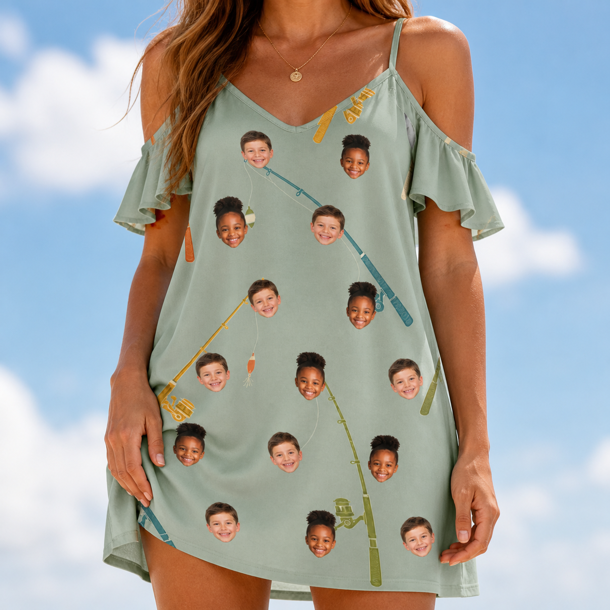 Model wearing Women's Pole Position Custom Face Off-Shoulder Dress printed with kids' faces