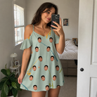 Real-life photo of someone wearing Women's Pole Position Custom Face Off-Shoulder Dress — custom faces printed all-over